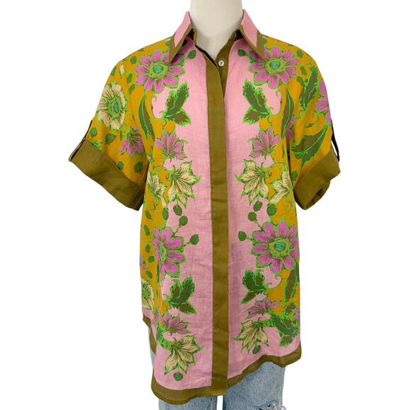 ALEMAIS Winnie Floral Print Linen Shirt Button-Down Top Tangerine US 4 Oversized - Picture 1 of 10